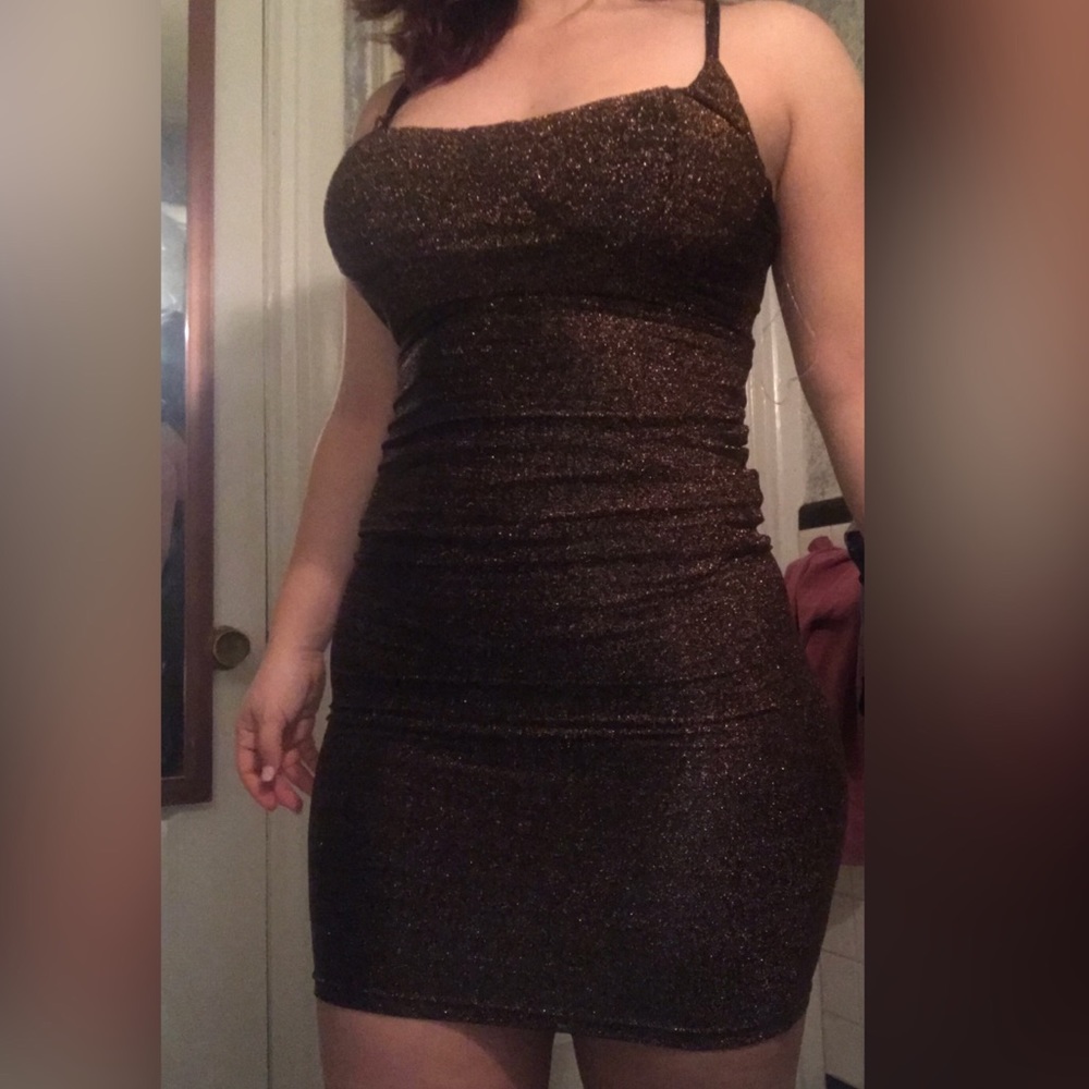 Metallic spaghetti strapped sparkle dress.